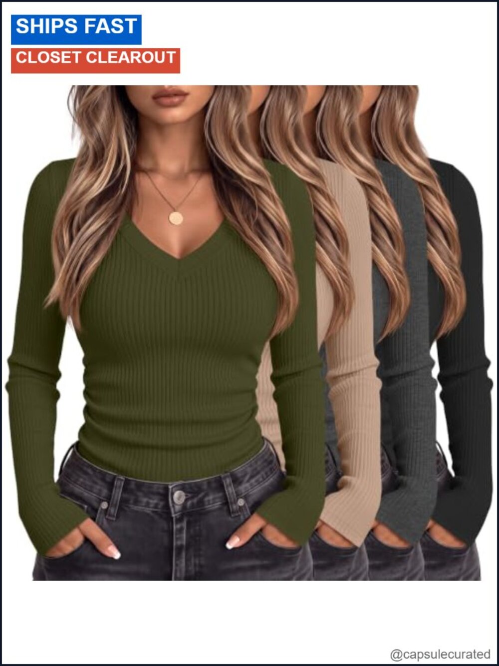 4 Pack Womens Cotton Ribbed Long Sleeve V Neck Tops Slim Fit